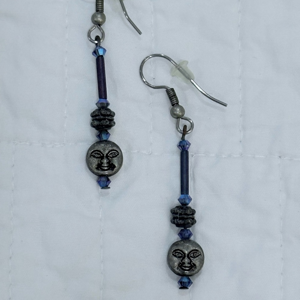 Silver and Blue Moon Face Earrings
